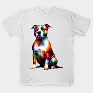 Expressive American Staffordshire Terrier in Colorful Splash Art T-Shirt